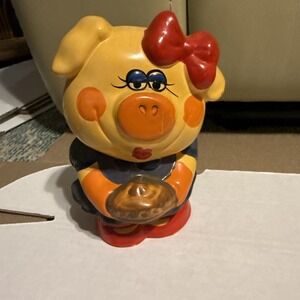 Vintage Enesco Ceramic Painted Girl Pig Bank TOO CUTE Ribbon 6.5" Missing Btm